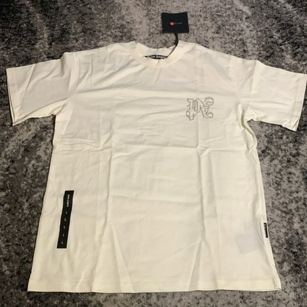 Palm Angels Rhinestone PA Logo Off White Ivory T-Shirt Men’s Size Large